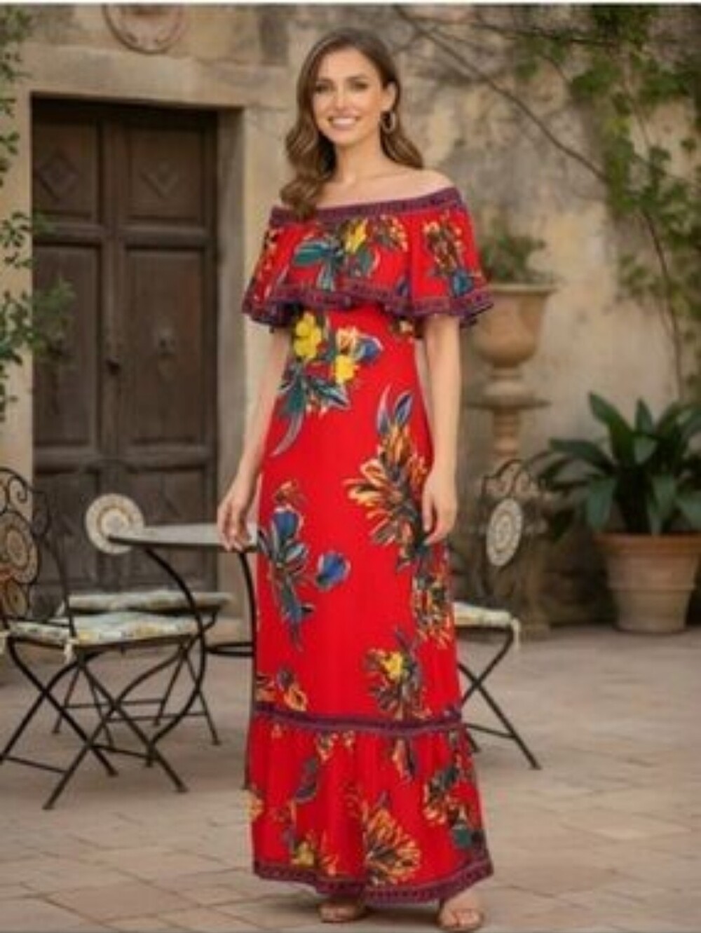 Flying Tomato Red Floral Off-The-Shoulder Boho Ruffle Maxi Dress Size XS